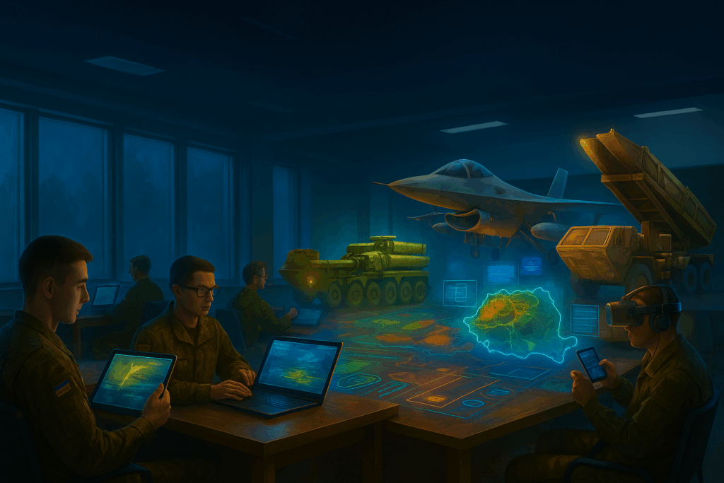 “Military cadets in a dark immersive training environment using tablets and holographic displays powered by EON Spatial AI Military Academy”